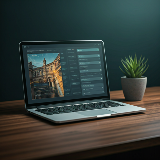 Notebook se správou fotografií na dřevěném stole vedle rostliny