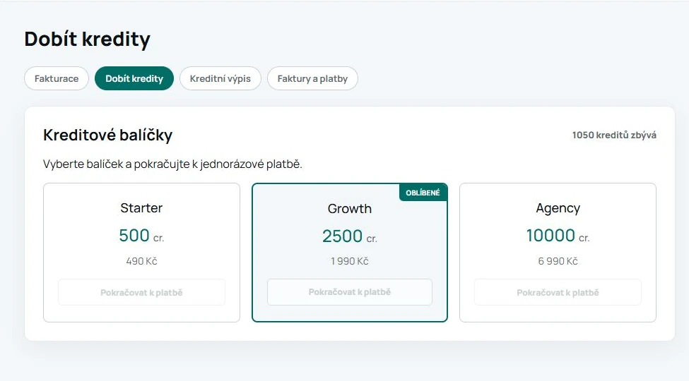 Výběr kreditových balíčků v rozhraní ALT Popisky