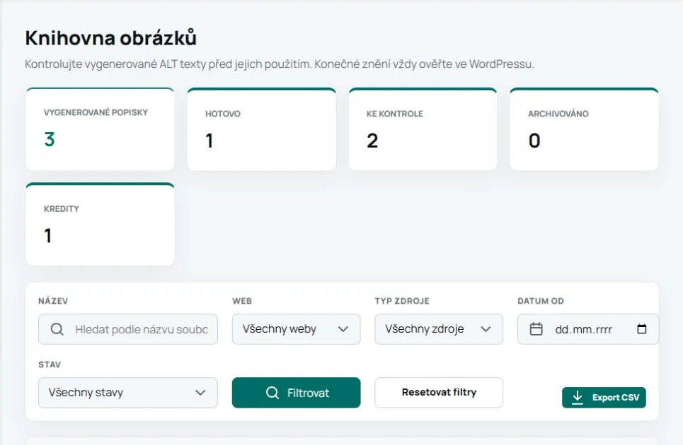 Knihovna obrázků v rozhraní ALT Popisky s přehledem stavů a filtry